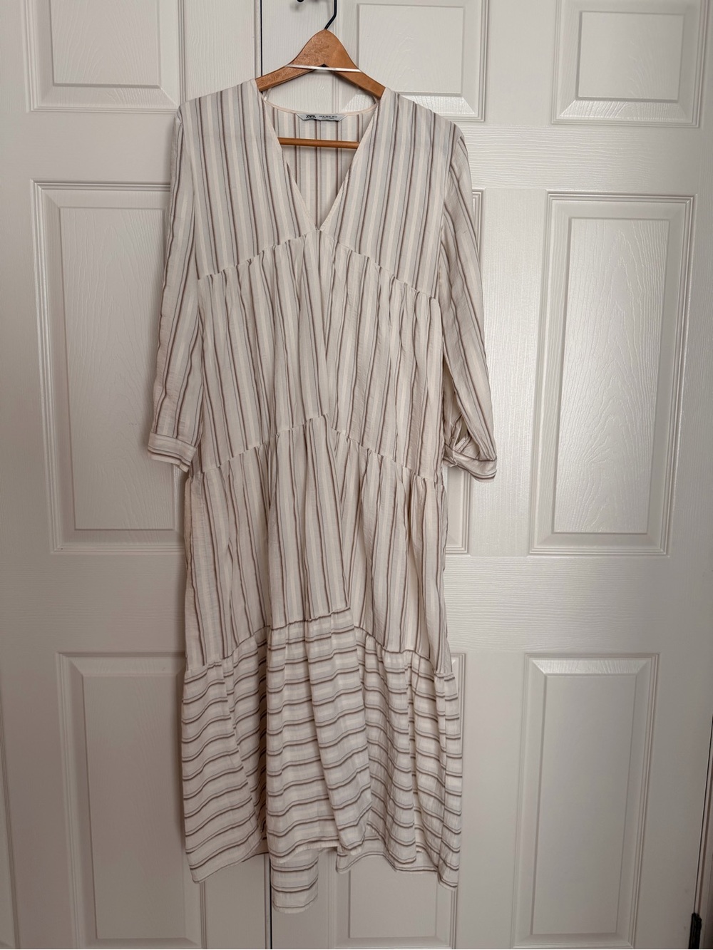 Zara Maxi Dress XS Beige Stripe Cotton Viscose Summer Resort Dress Long Sleeved - Picture 3 of 11